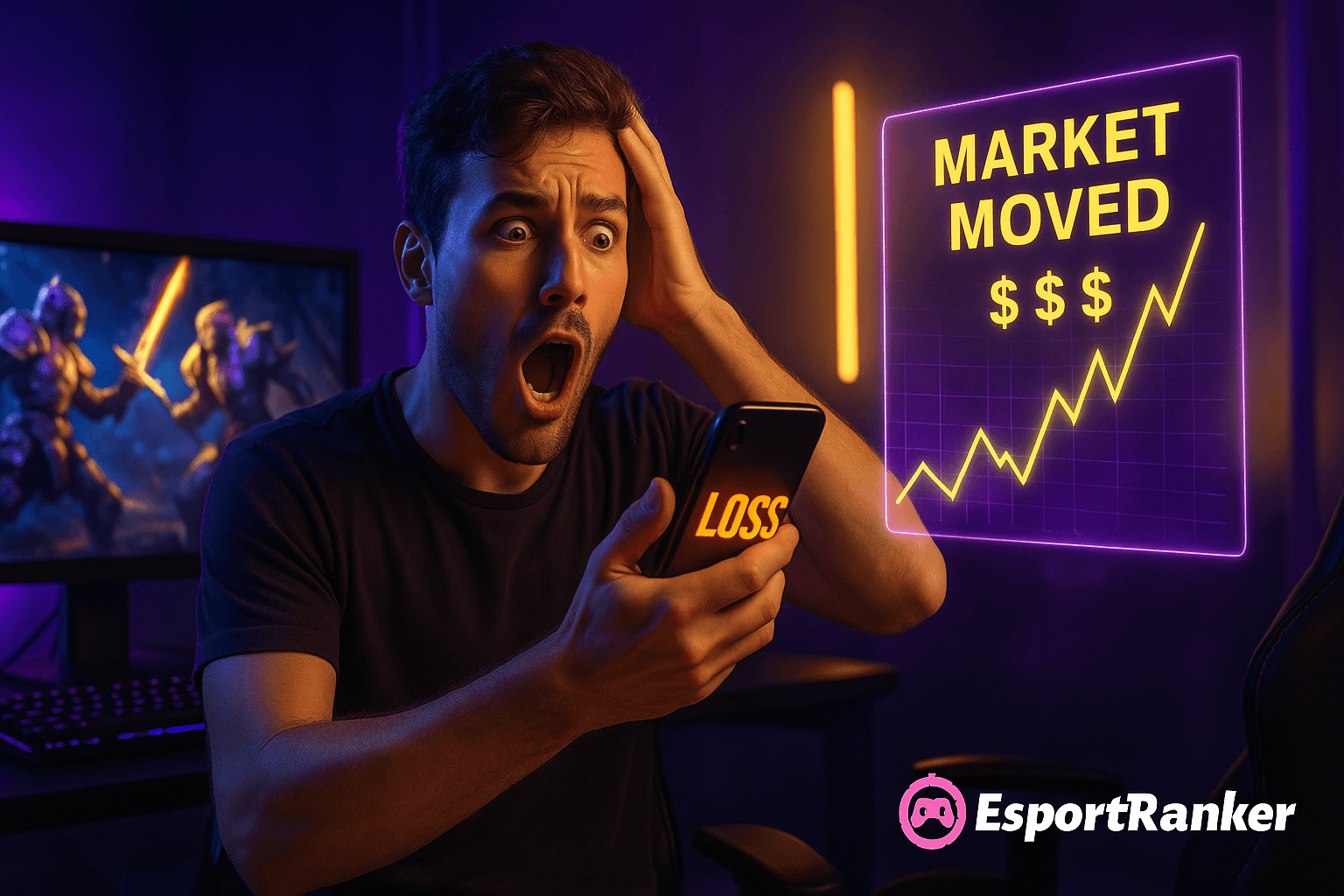A shocked gamer reacts to losses and market shifts in a neon-lit esports betting setup
